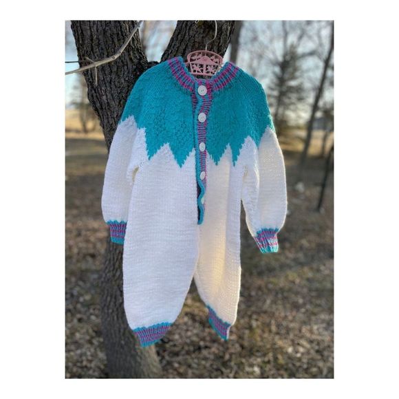 Vintage 80s Hand Knit Romper Sleeper White Purple Turquoise - Picture 9 of 9